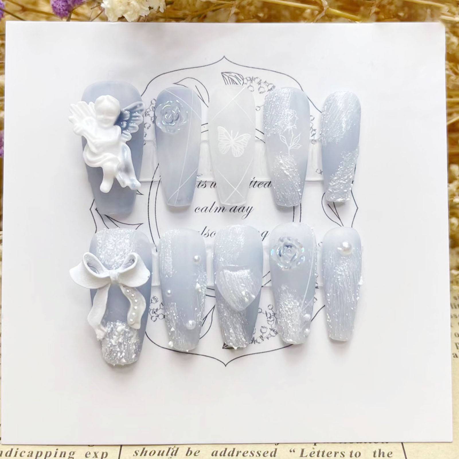 Nail Art Press On - 3D Alçı Melek Yanlış Çivi Parlak