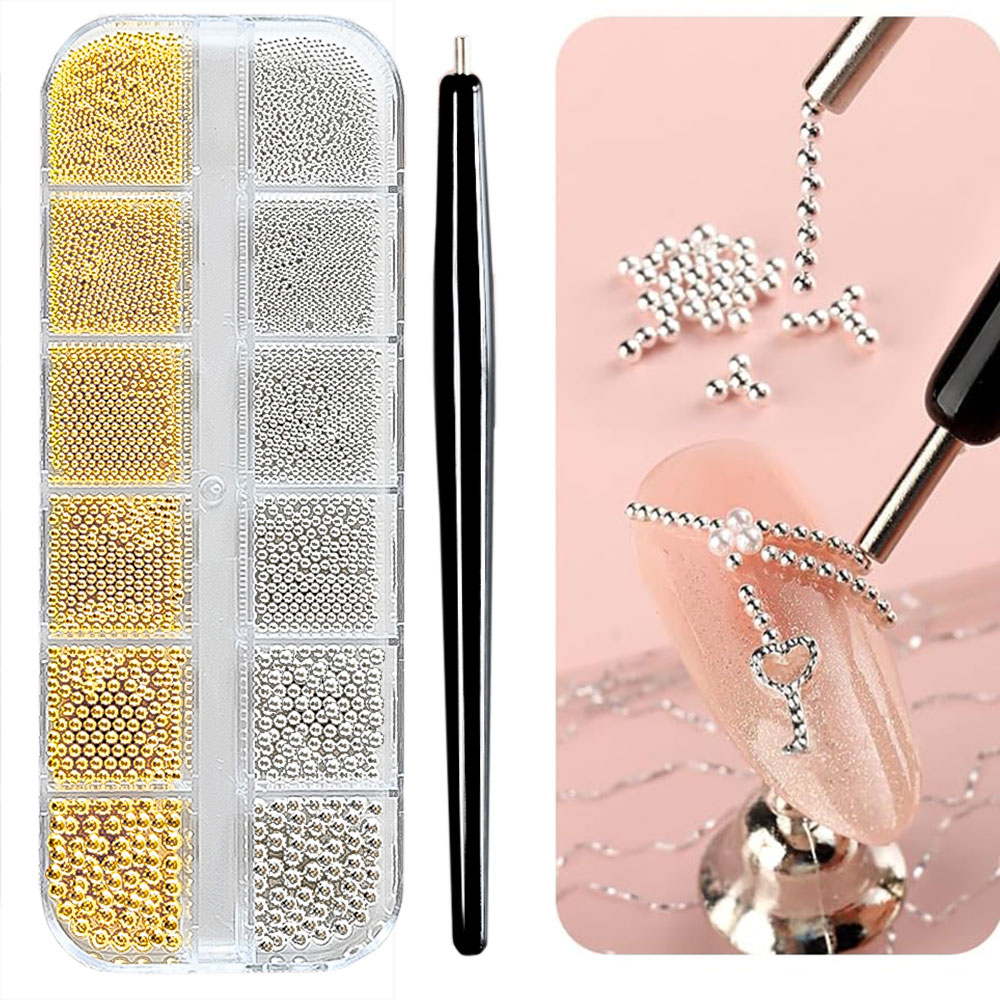 Nail Art Valentines Day - 12 ızgara Altın/Gümüş Mini Havyar Boncuk