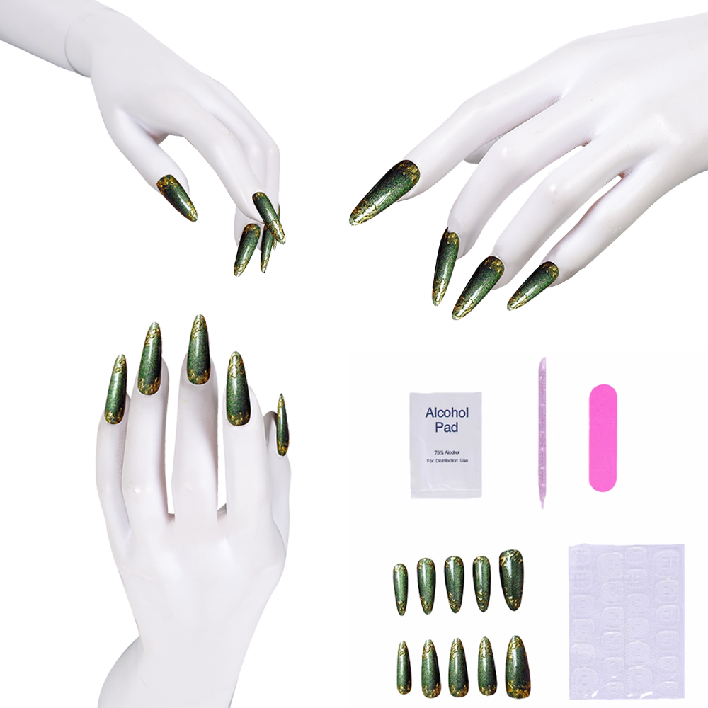 Nail Art Press On - Parıltılı Altın Detaylarla Yeşil Takma Tırnaklar